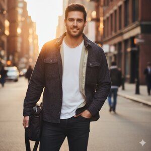 mens medium blue button down shirt jacket lined interior fleece shacket